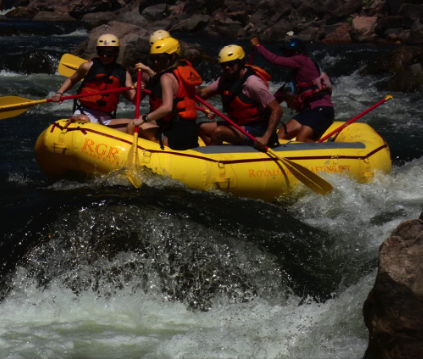 A raft running whitewater on the Arkansas River deep inside the Royal Gorge